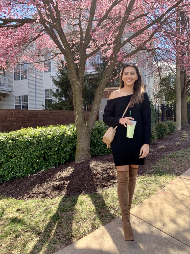 Missguided Off the Shoulder dress with Over the Knee Boots from Steve Madden in Front of Cherry Blossoms