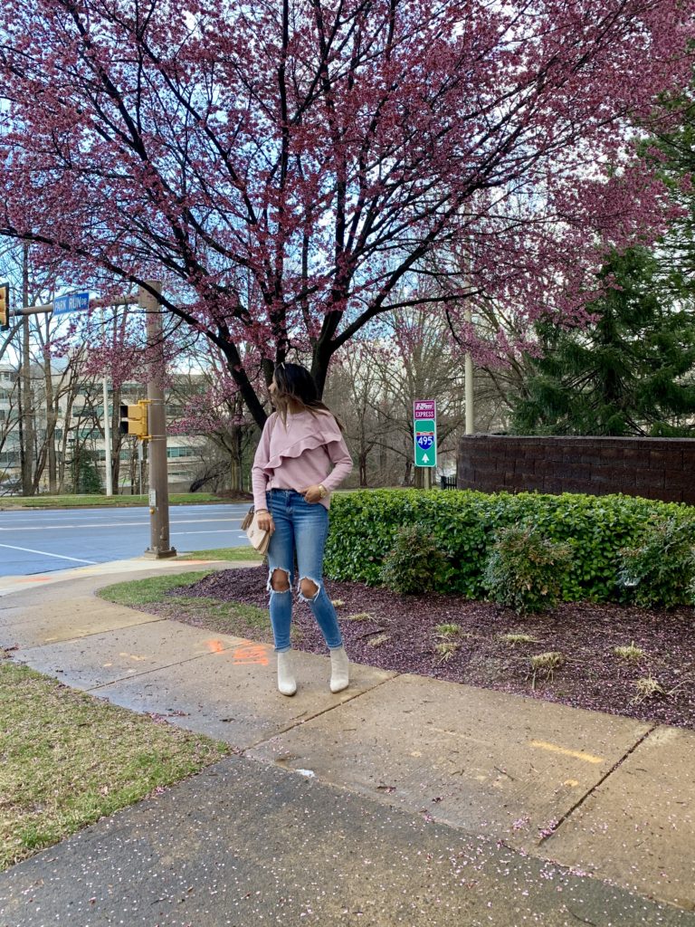 Tularosa Lilac sweater with levi's 721 skinny jeans and marc fisher booties