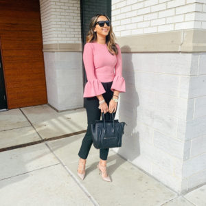 Pink Sweater styled by a Top US Fashion Blog, The Pink Patola: image of a woman wearing a Rachel Parcell Collection Bell Sleeve Sweater. | spring outfit ideas pinterest 2020, work outfit ideas, black celine luggage bag, celine luggage tote, the-pink-patola