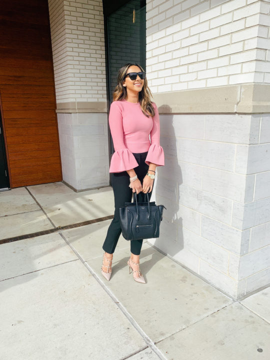 Pink Sweater styled by a Top US Fashion Blog, The Pink Patola: image of a woman wearing a Rachel Parcell Collection Bell Sleeve Sweater. | spring outfit ideas pinterest 2020, work outfit ideas, black celine luggage bag, celine luggage tote, the-pink-patola