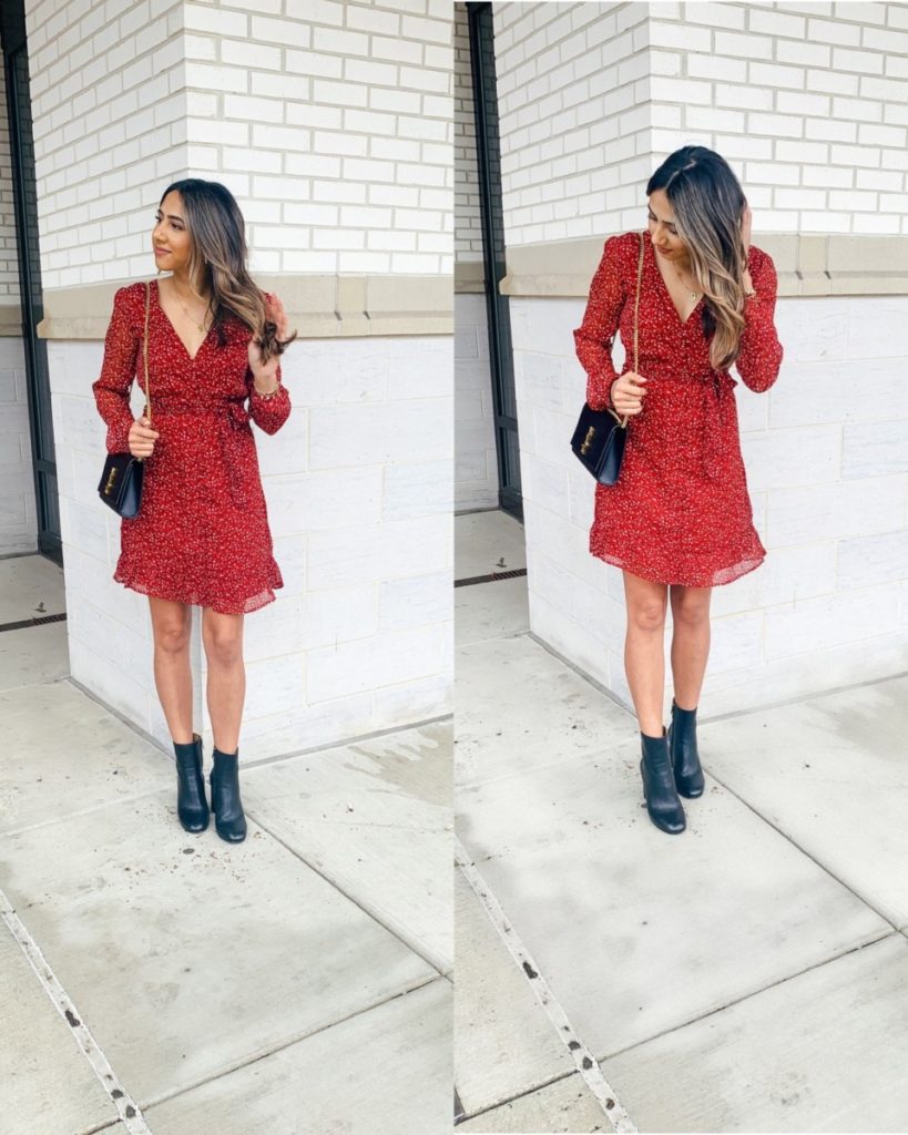 Punjabi Blogger, the Pink Patola wears a patterned red dress with long sleeves from Abercrombie and Fitch with black boots. Perfect for the spring!