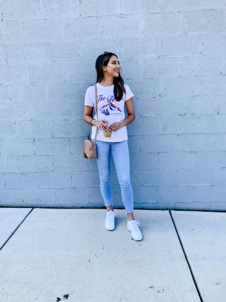 Top Punjabi Blog, The Pink Patola, showing how to style a Target Graphic Tie-Dye t-shirt for spring. | Spring Fashion, Spring Fashion Trends 2020, Tie-Dye, How To Style, The Pink Patola, Gucci Soho, Air Force 1s, lightwash jeans, casual outfits, cute outfits, cute tie-dye outfits.