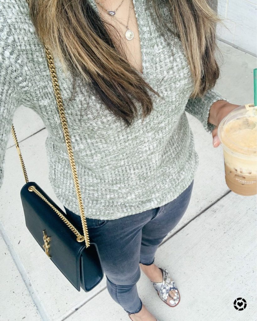 Top US Blog, The Pink Patola wearing a Socialite Waffle tee, Abercrombie Jeans and Joie Panther sandals for a cute yet comfy coffee look | Fall 2020 outfits, fall 2020 activities, transition outfits | Socialite, Abercrombie, Joie, YSl