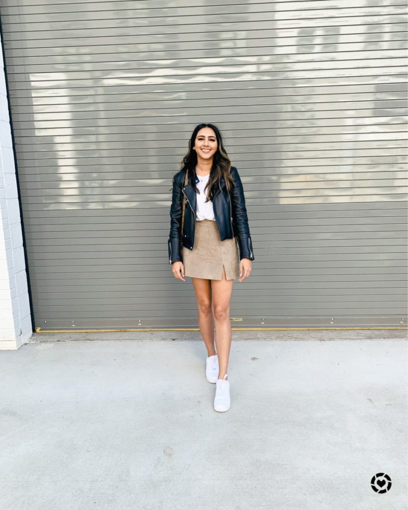 Top US Blog, The Pink Patola wearing a BlankNYC Suede Skirt and Leather jacket with Airforces for a cute yet chic look for coffee or dinner | Fall 2020 outfits, fall 2020 activities, what to wear to brunch in DC | what to wear to dinner in DC