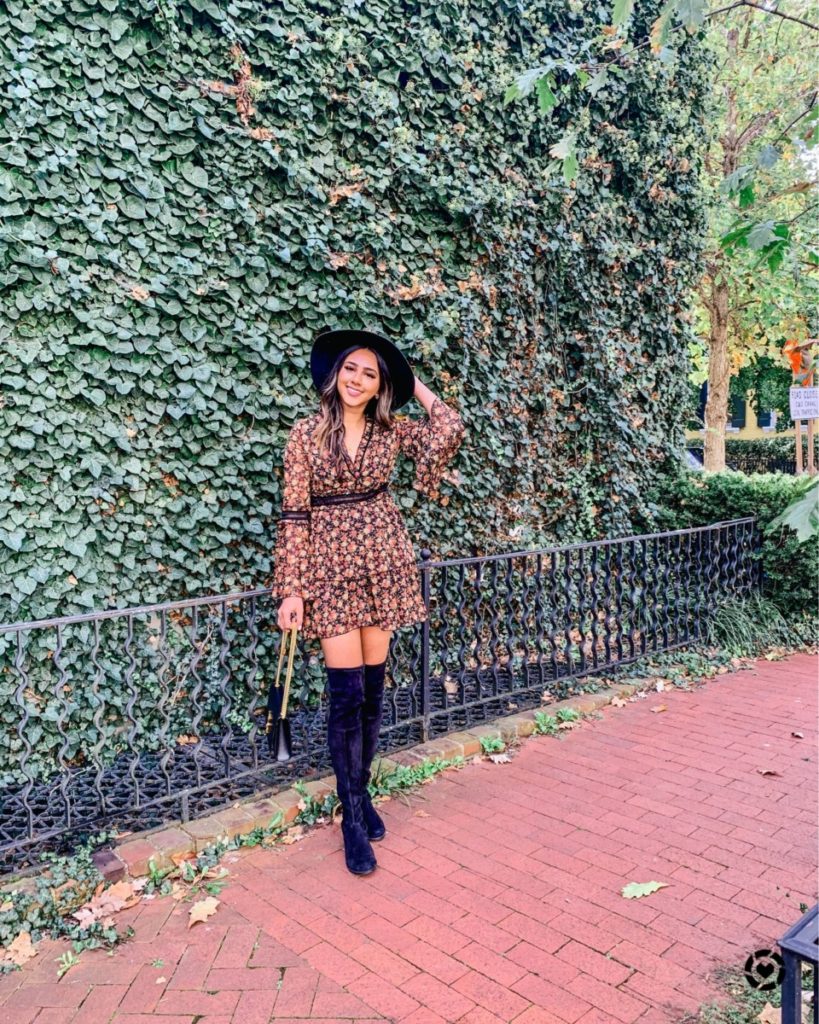Top US Blog, The Pink Patola wearing a NastyGal Dress with Stuart Weitzman OTK Boots for a very chic, boho look for brunch and drinks in DC  | Fall 2020 outfits, fall 2020 activities, corn field, YSL |